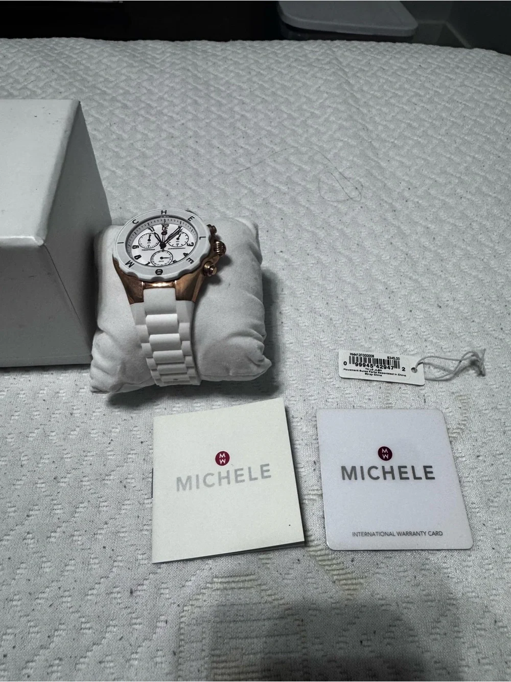 Michele White Ceramic-Style Watch with Rose Gold Accents